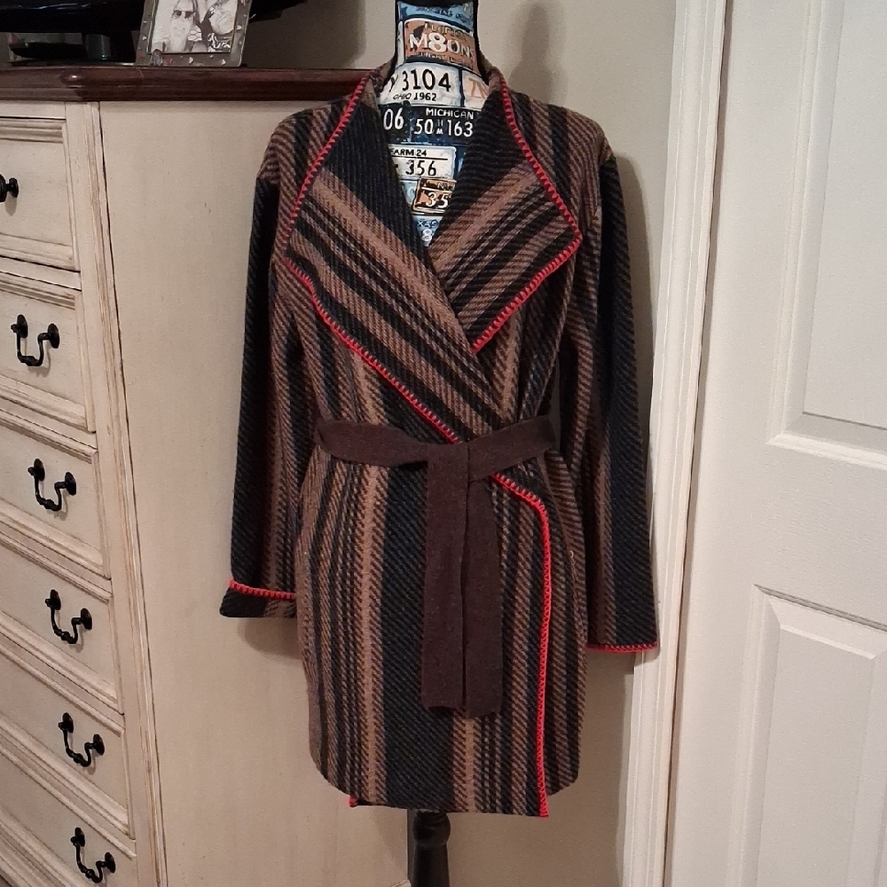 Bogner Brown and Black Striped Cape with Red Trim